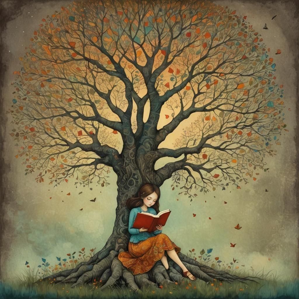 Girl Reading Book Under Tree in Watercolor Zentangle Style