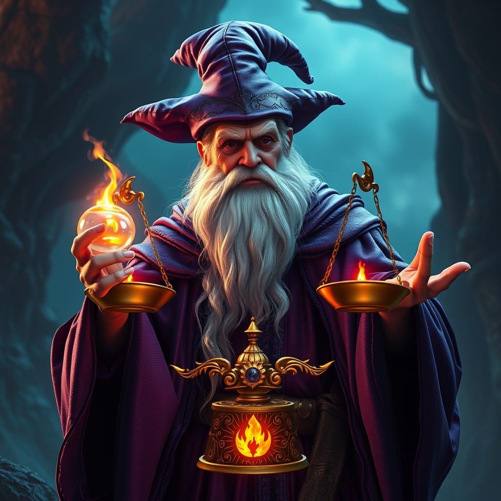 Wizard Governs Fairy Tale Land with Scales of Good and Evil