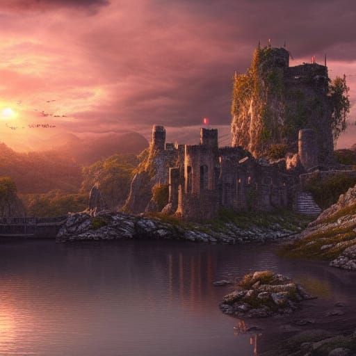 Overgrown Castle Ruins on Silver Lake at Sunset