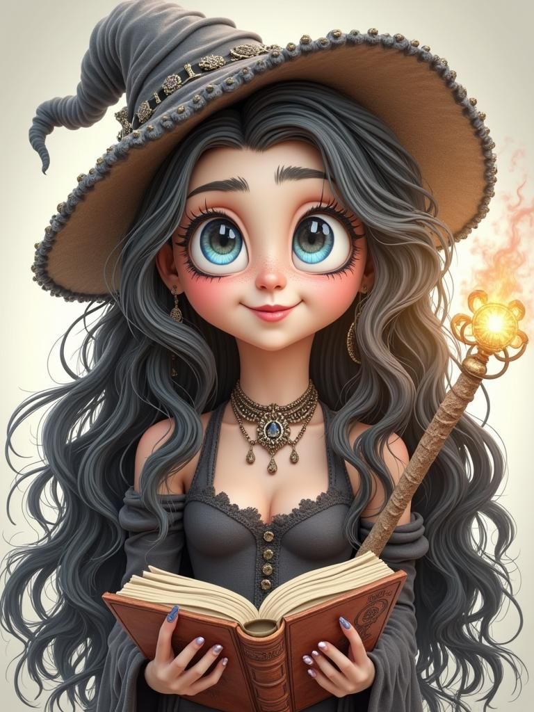 Whimsical Witchy Girl with Broken Wand, Digital Art