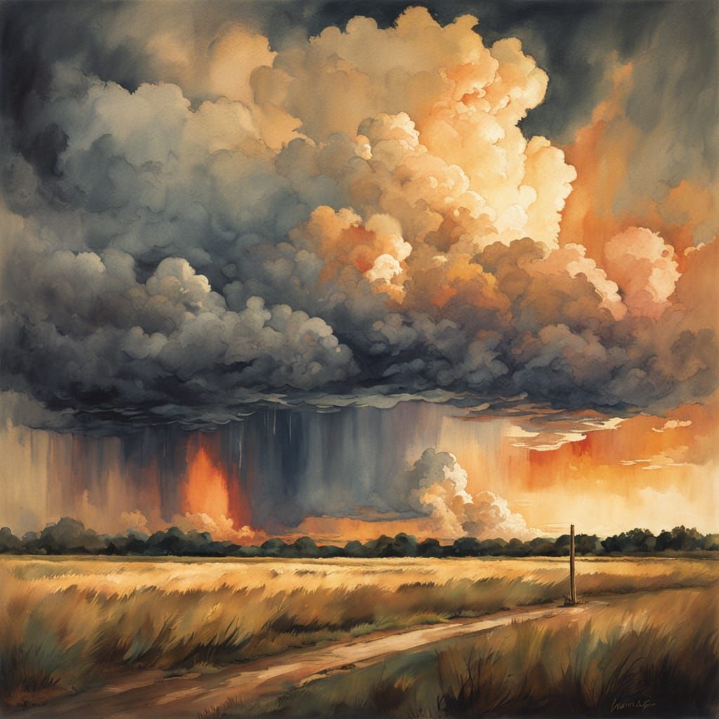 Kansas Plains Supercell Thunderstorm in Watercolor Style