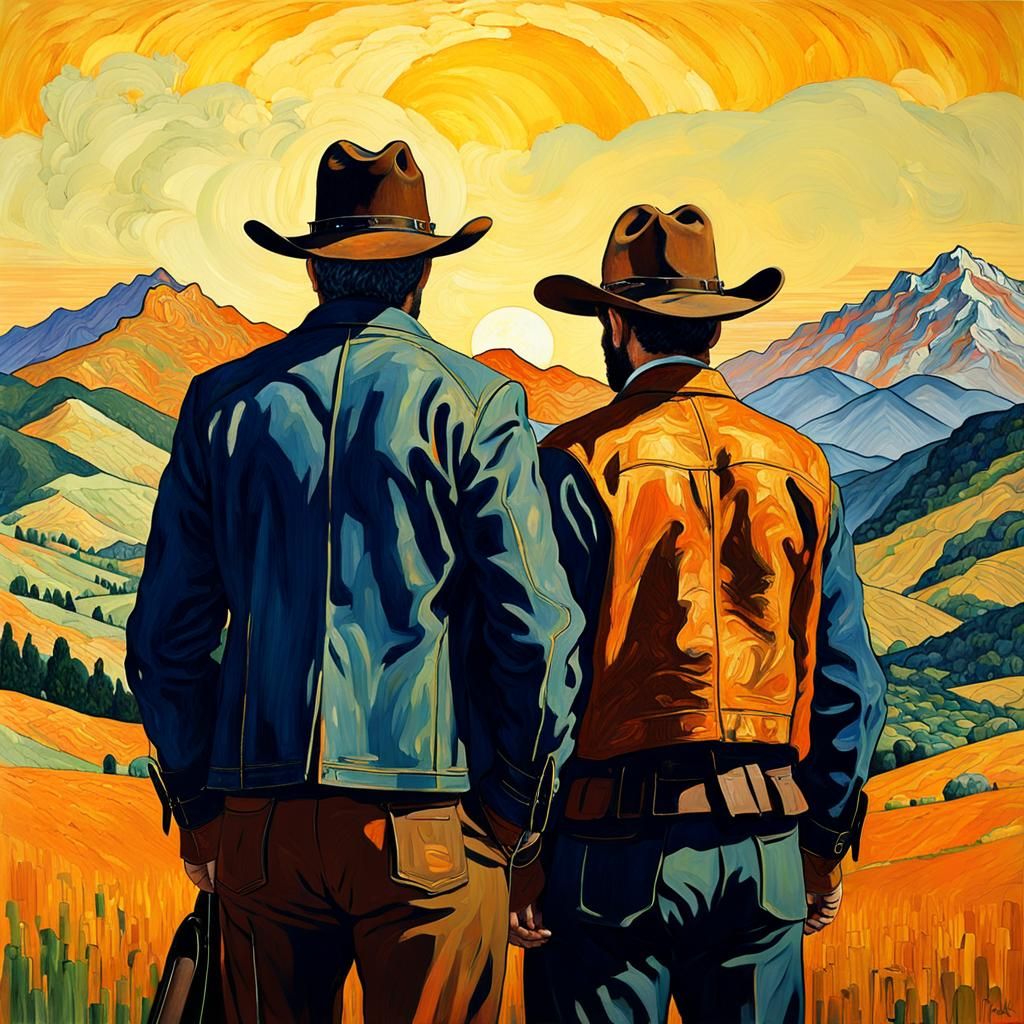 Brokeback Cowboys in Klimt-Inspired Landscape
