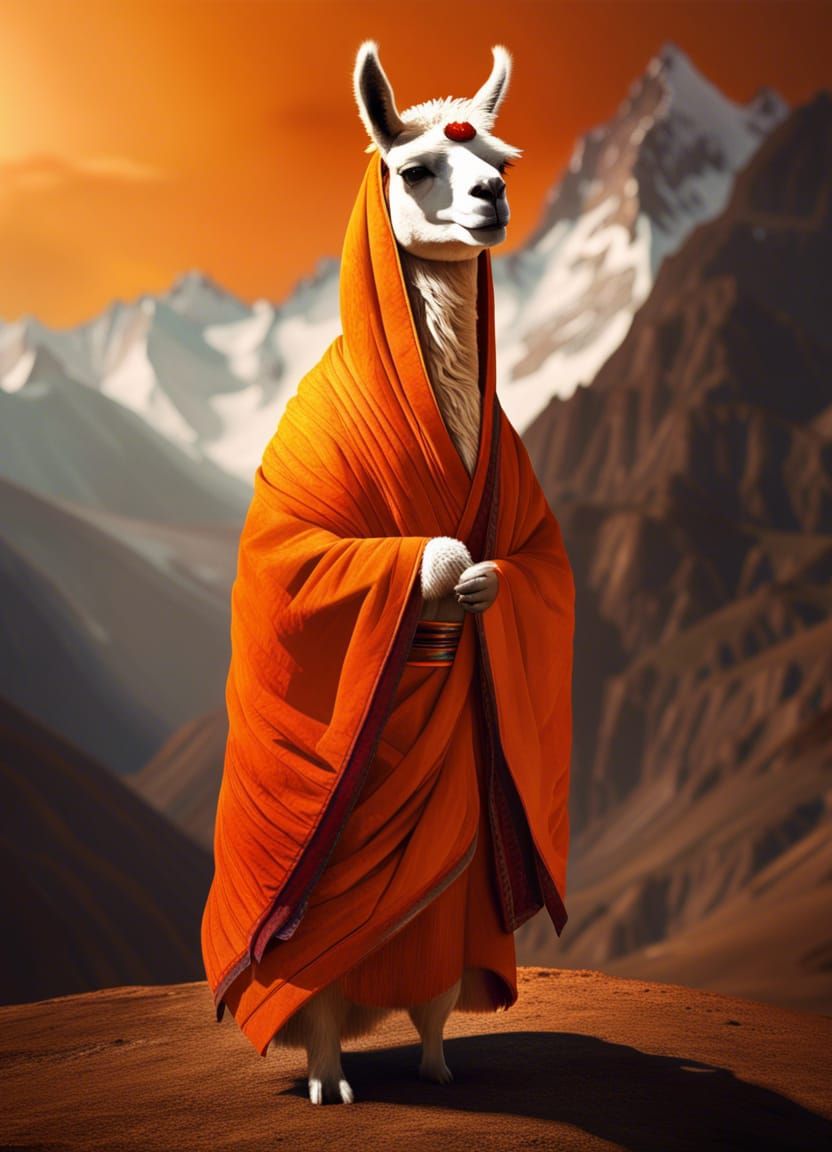 Llama in Buddhist Robes: Hyperrealistic Himalayan Scene