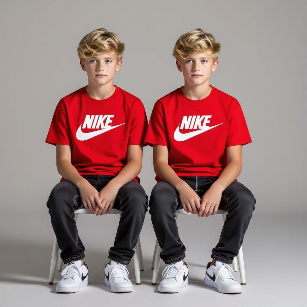Twin Boys in Red Nike Shirts and Black Jeans