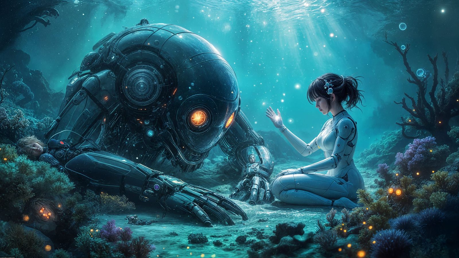 Neo-Impressionist Mecha Awakens in Ocean Depths