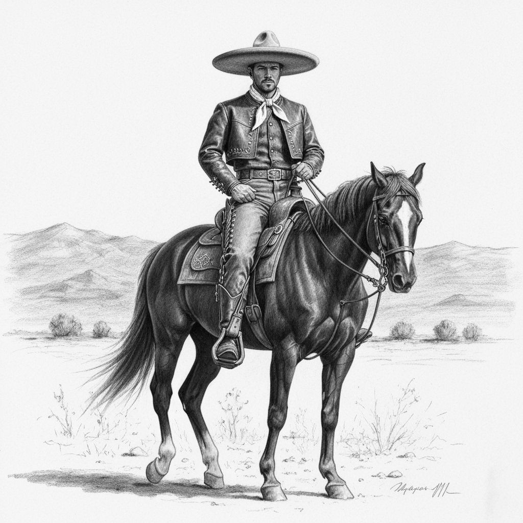 Vaquero Riding Horse in Desert Charcoal Illustration