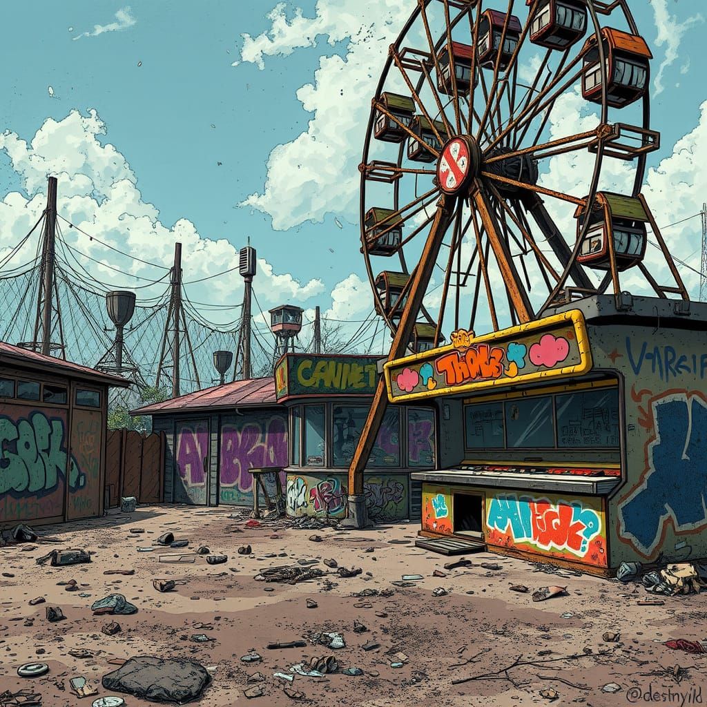Post-Apocalyptic Carnival: Dilapidated Ferris Wheel in Comic...