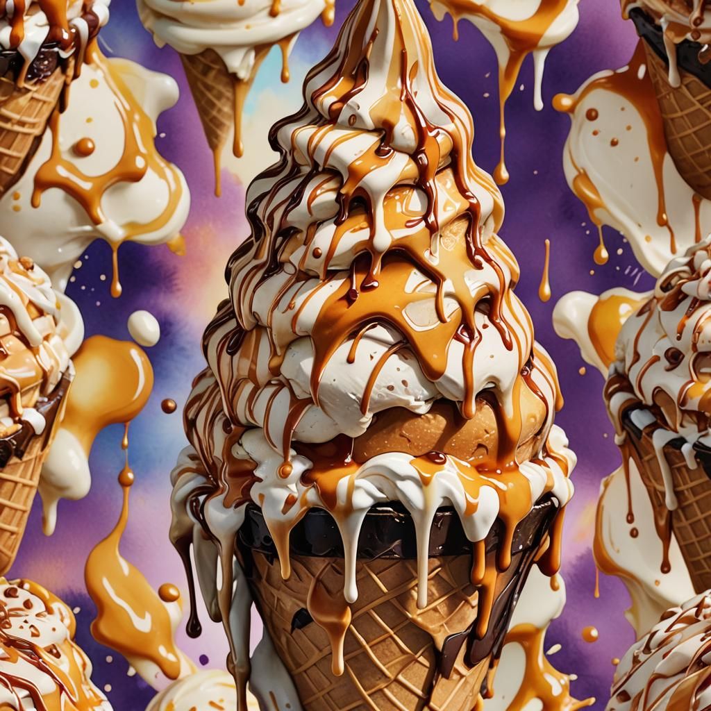 Anime Caramel Ice Cream Cone in Watercolor Style