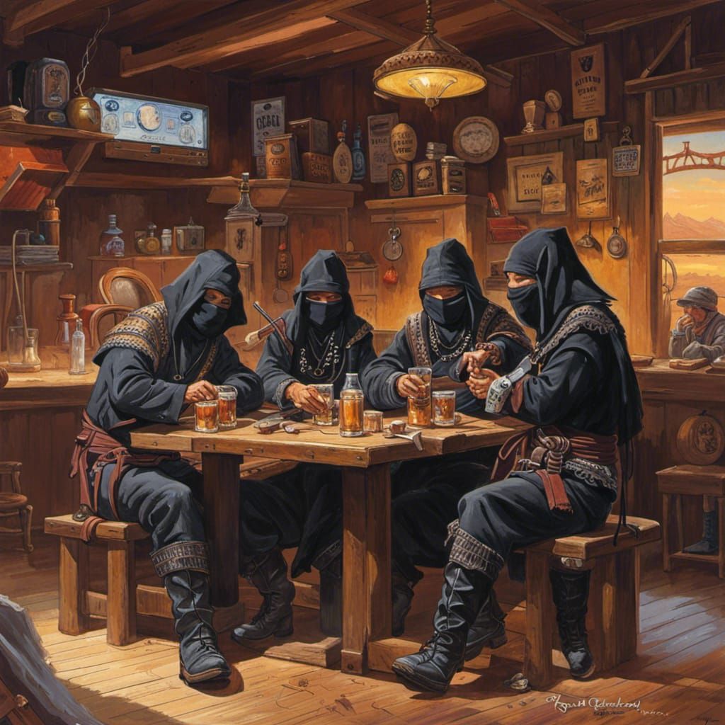 Ninjas Drinking Whiskey in Saloon, Hyperdetailed Art