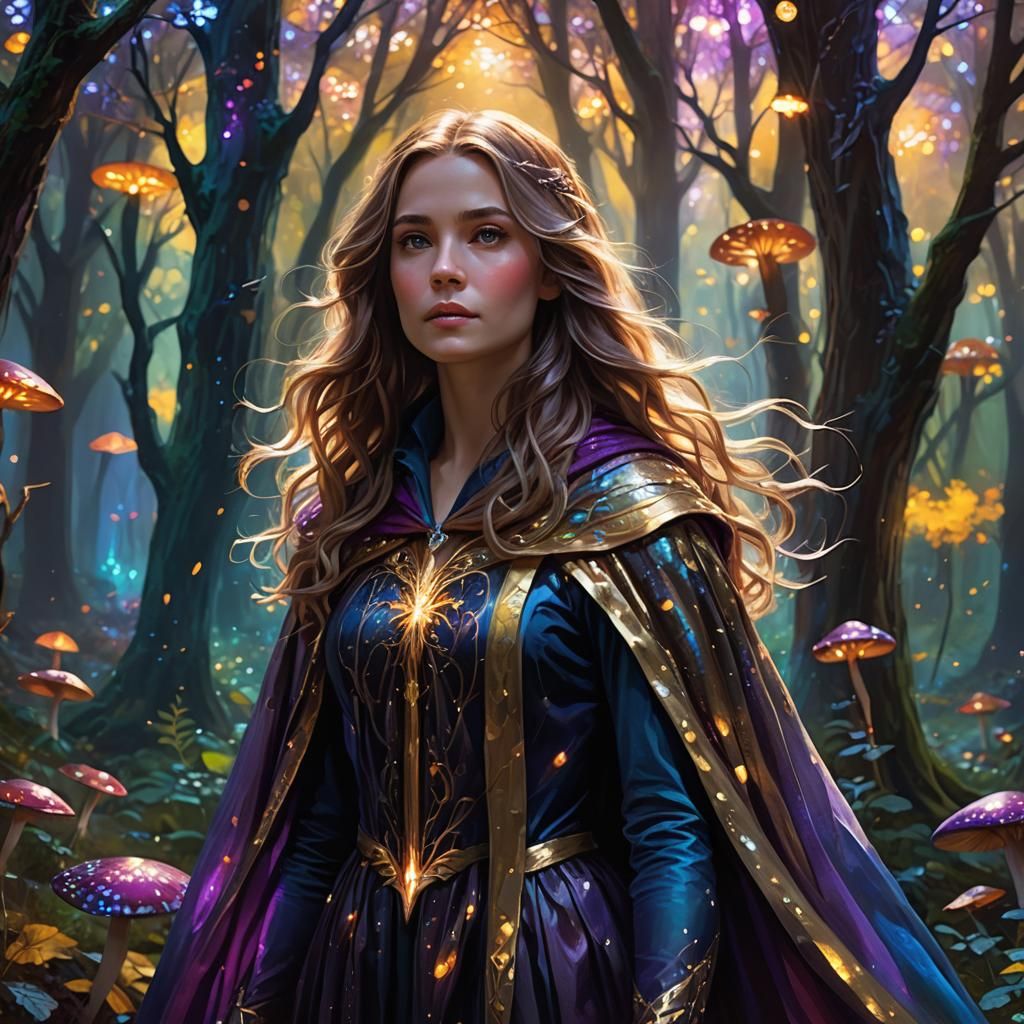 Olivia in Mystical Forest: Vibrant Oil Painting