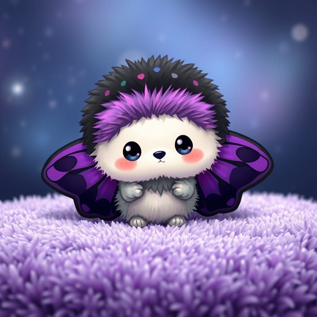 Kawaii Chibi Moth Perched on Lavender Carpet