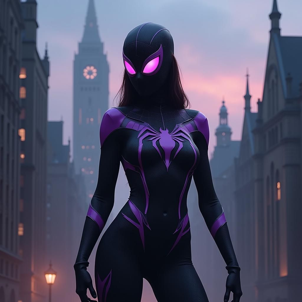 Heroic Spider-Woman in Misty Cyberpunk Cityscape