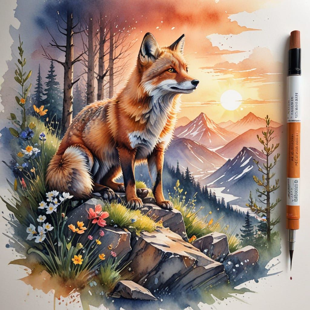 Radiant Mountain Fox at Sunrise in Watercolour Style