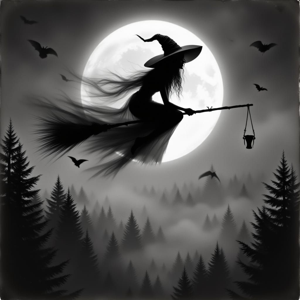 Monochrome Witch Soaring Through the Night Sky