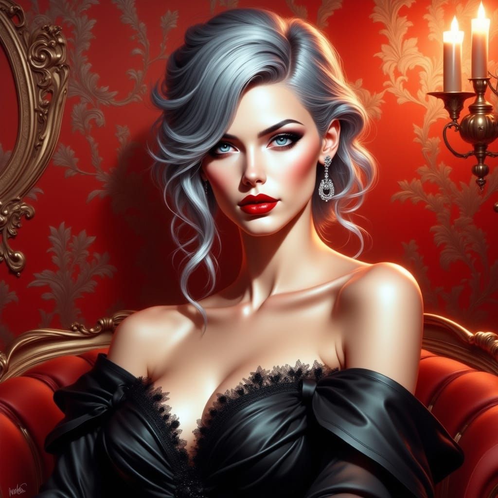 Surreal Oil Painting of Elegant Woman in Classic Evening Gow...