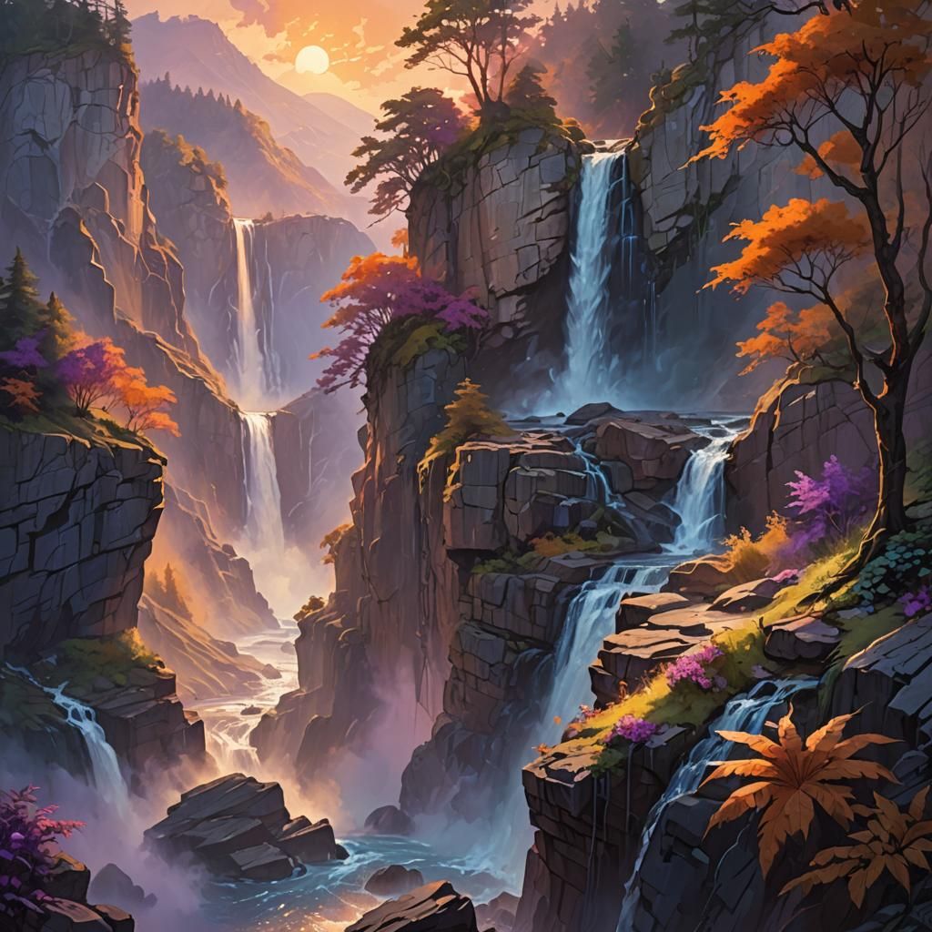 Dramatic Waterfall Landscape at Sunset in Oil Painting Style