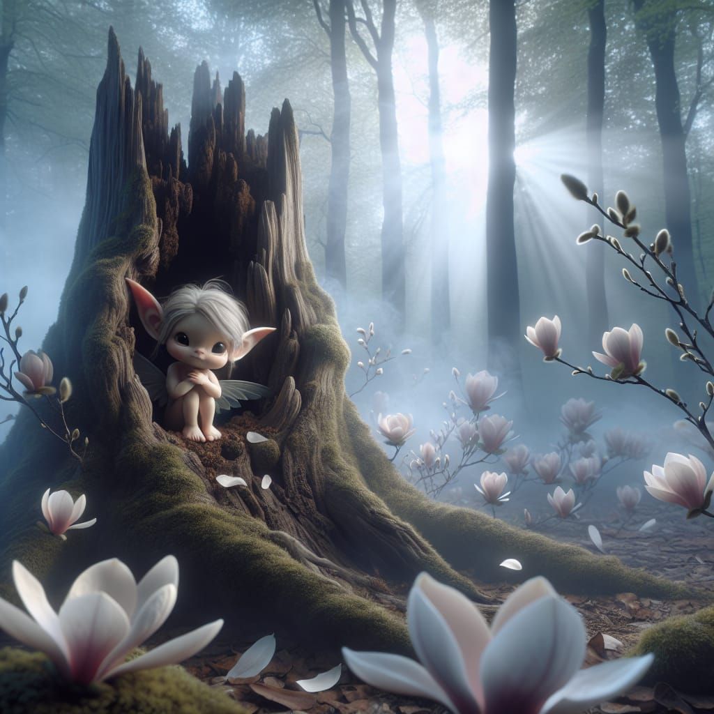 Pale pixie demon peeking, tree stump alcove, magnolia petals caressed by wind, enveloping fog, cuteness manifest, ultra ...