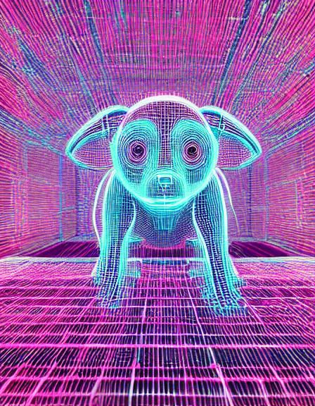 Neon Wireframe Puppy with Nebulous Eyes in 3D
