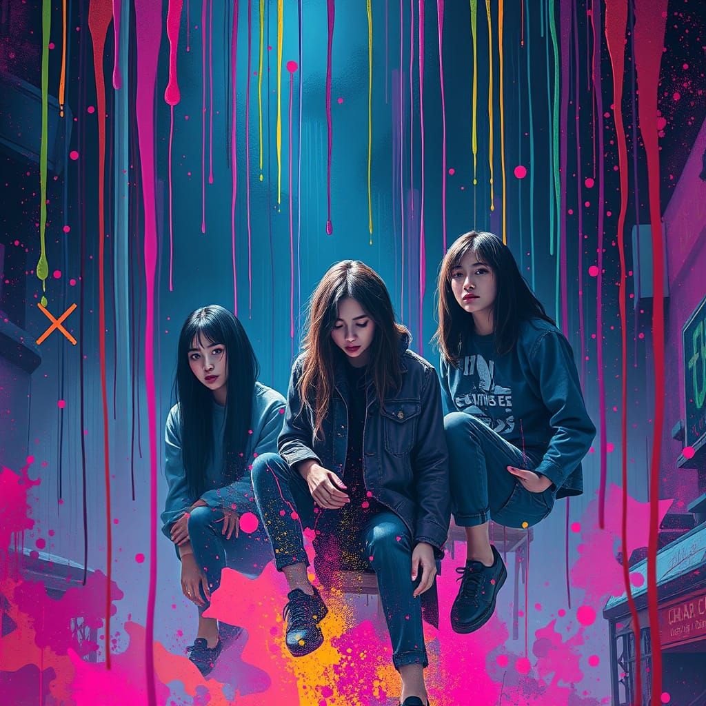 People Surrounded by Colorful Drips in Surreal Style