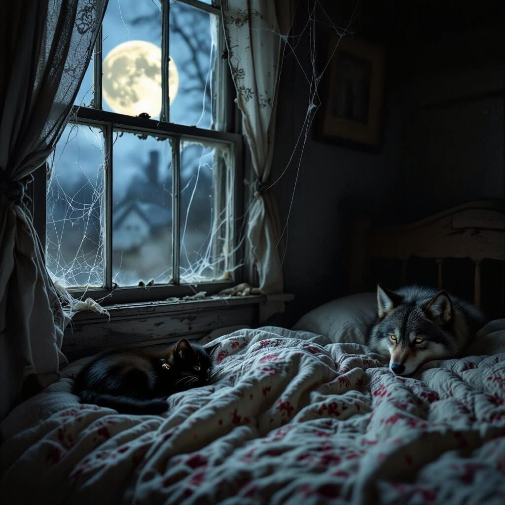 Eerie Moonlight Scene: Kitten, Old House, and Wolf