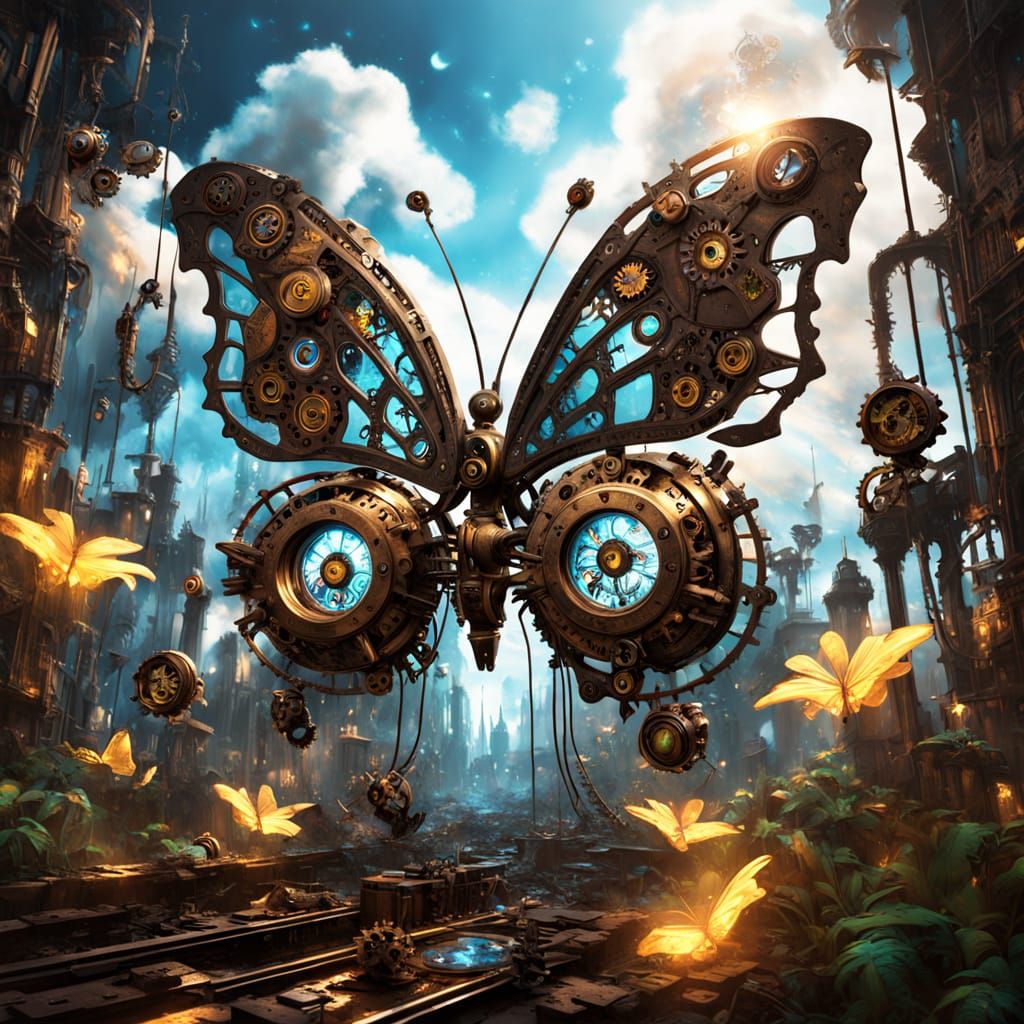 Chocolate Clockwork Butterfly in Bioluminescent Jungle