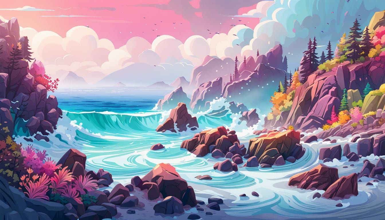 Stormy Rocky Shoreline in 3D Vector Art