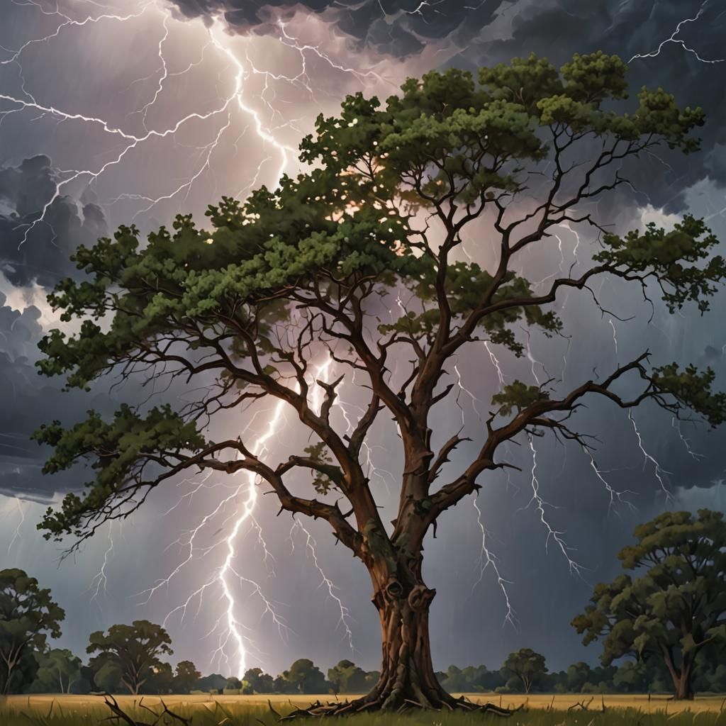 Lightning Strikes Tree in Vintage Painting Style