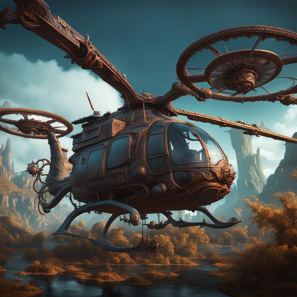 Organic Lovecraftian Helicopter in Detailed Matte Painting