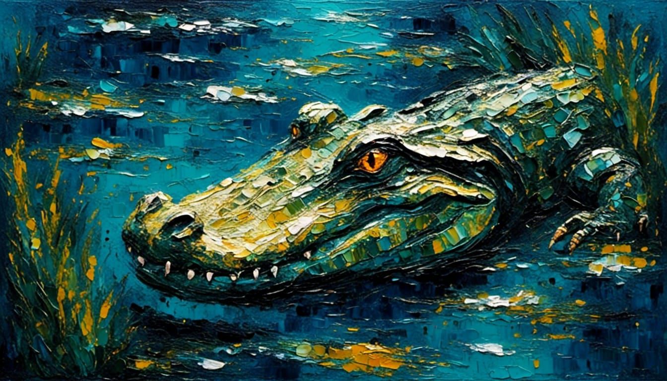 Crocodile in Textured Impasto Style at Night