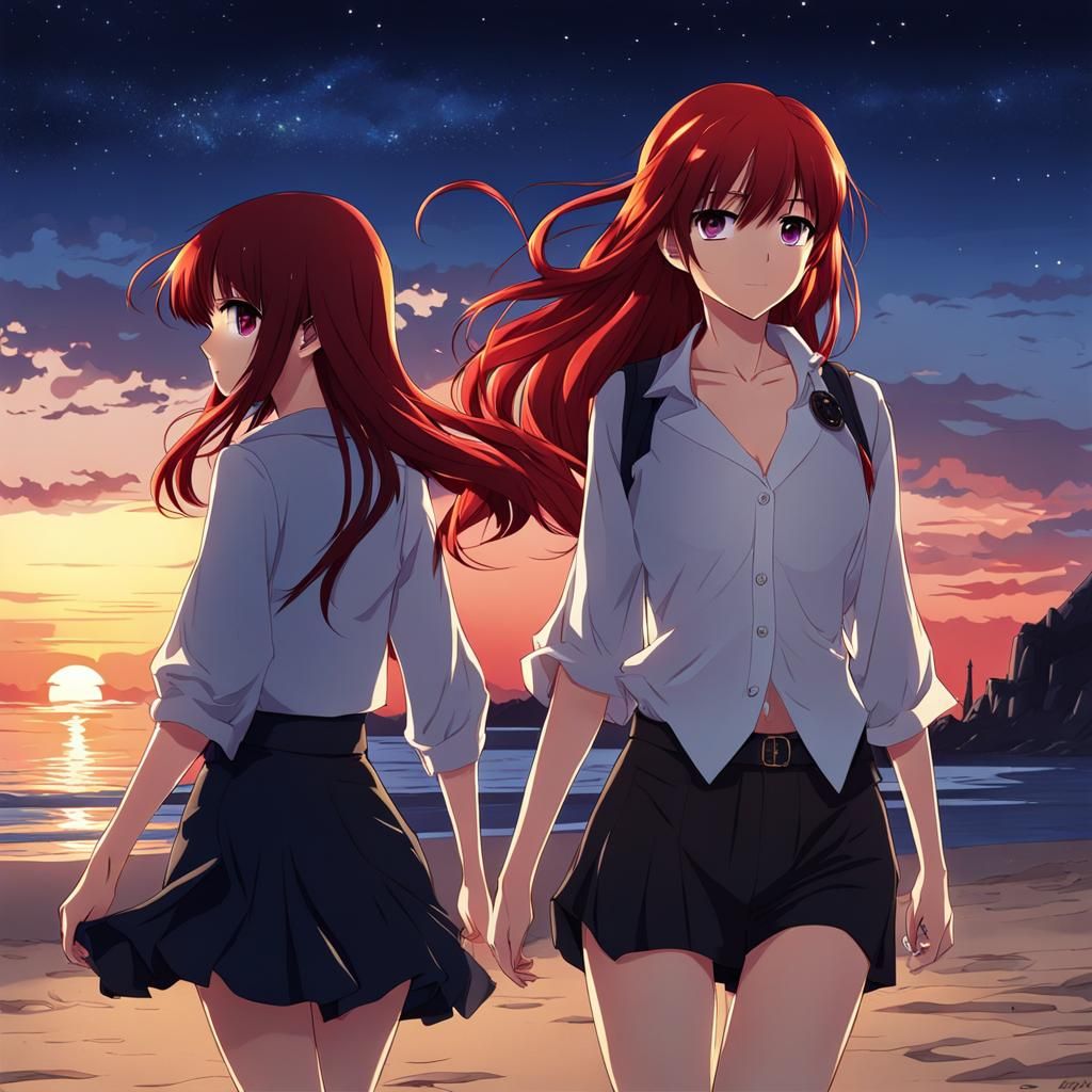 Anime Girls Strolling on a Beach at Night