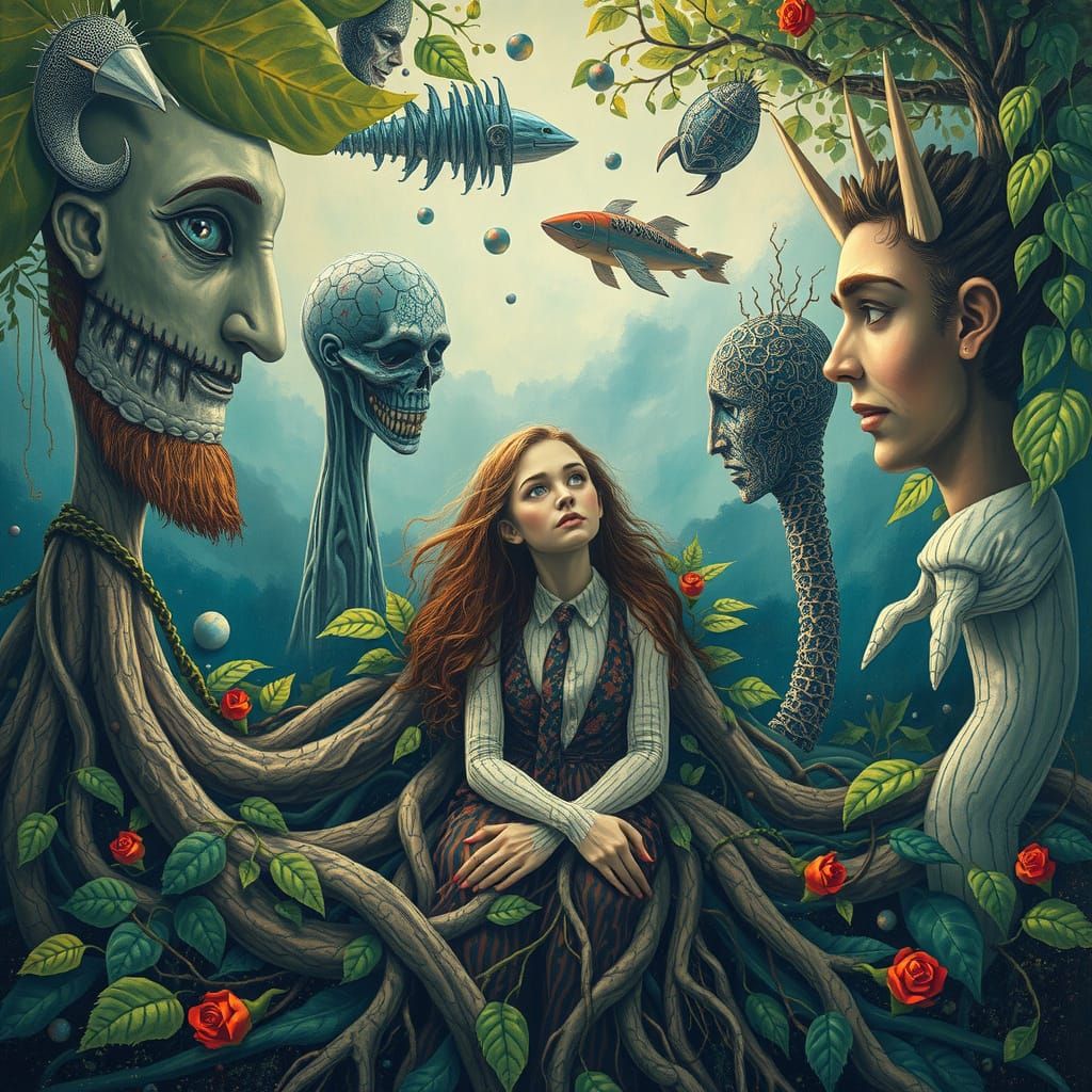 Woman Conversing with Entities in Surreal Impressionistic La...