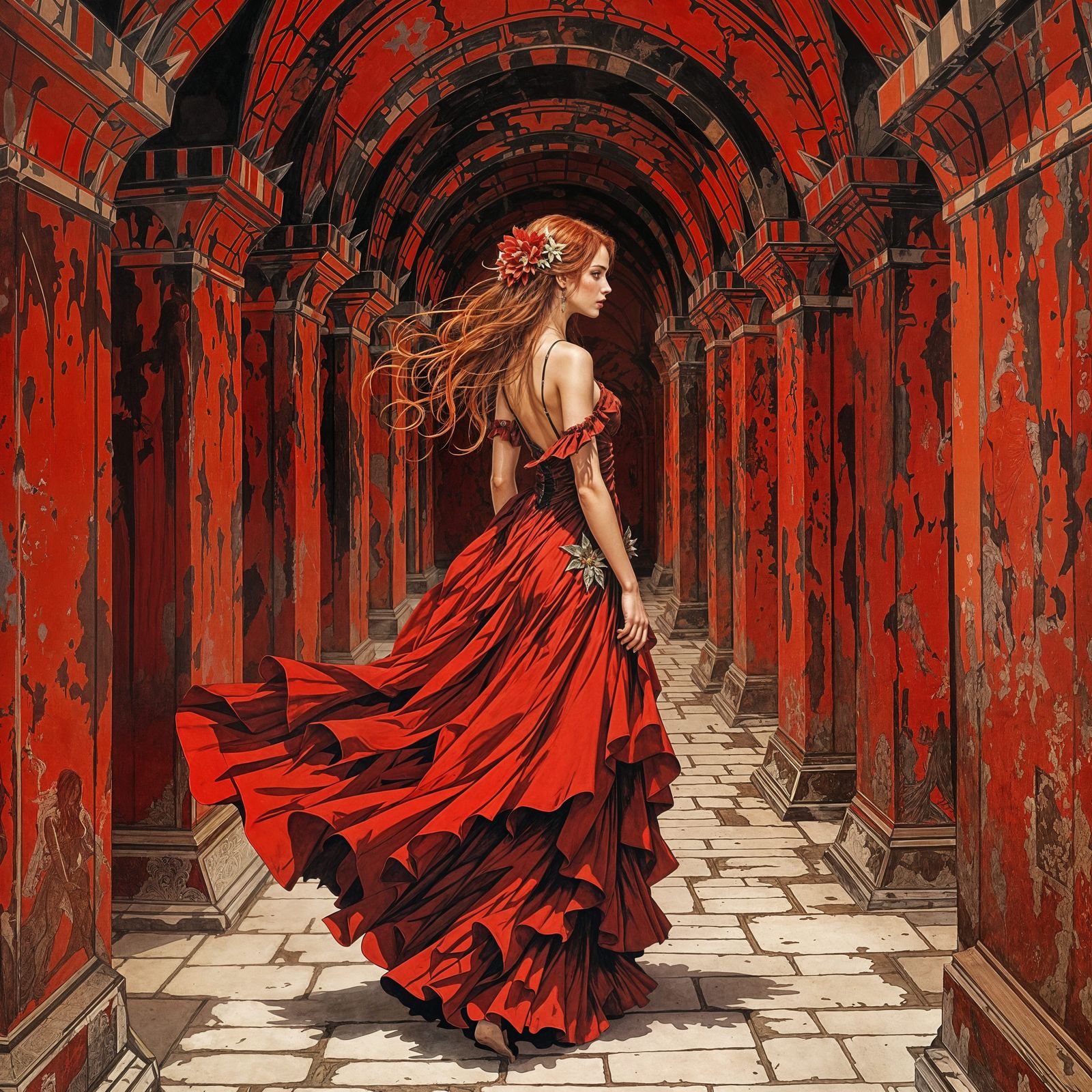 Female Sorceress in Red Temple Corridor