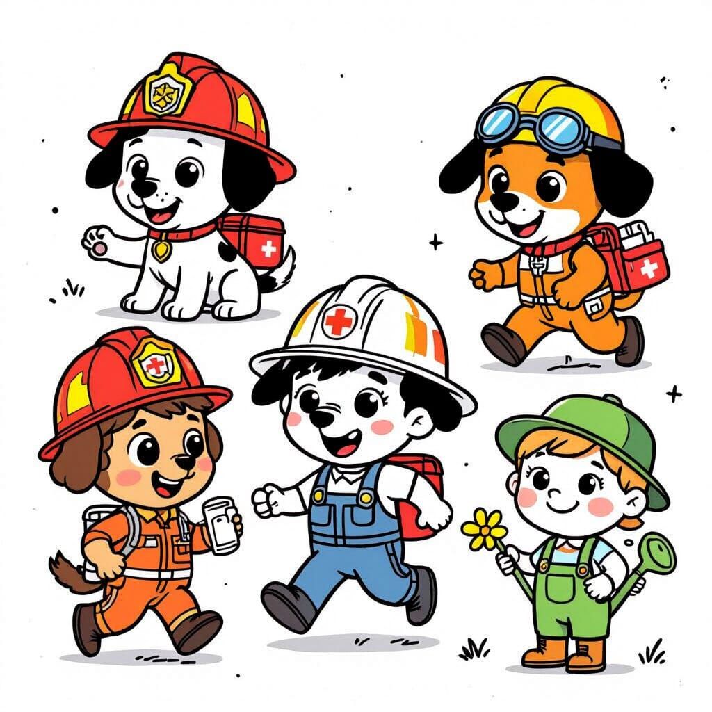 Cartoon Firefighter Puppy and Friends in Vector Art Style