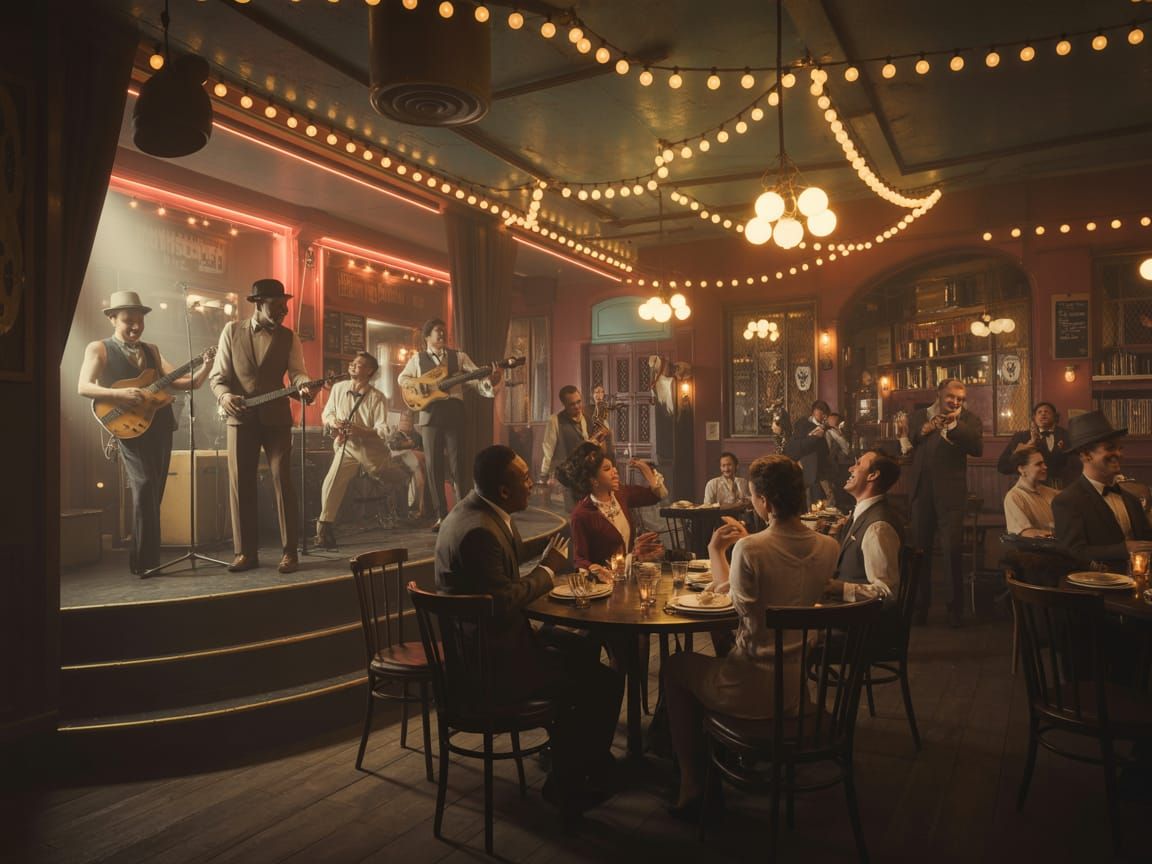 Lively 1940s Jazz Club in Film Noir Style