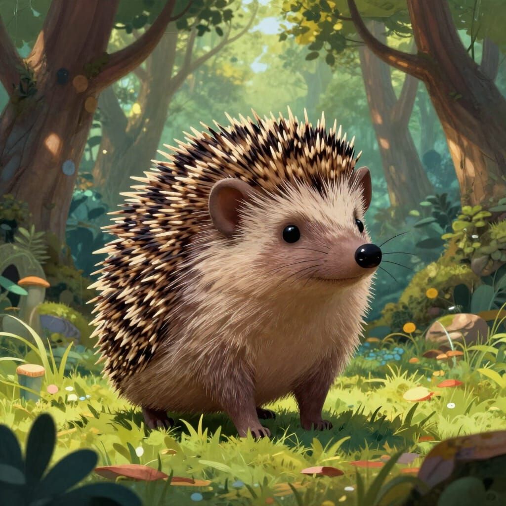 Whimsical Hedgehog Hybrid Creature in Mystical Forest