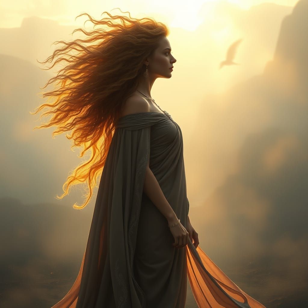 Regal Goddess Amidst Ethereal Landscape