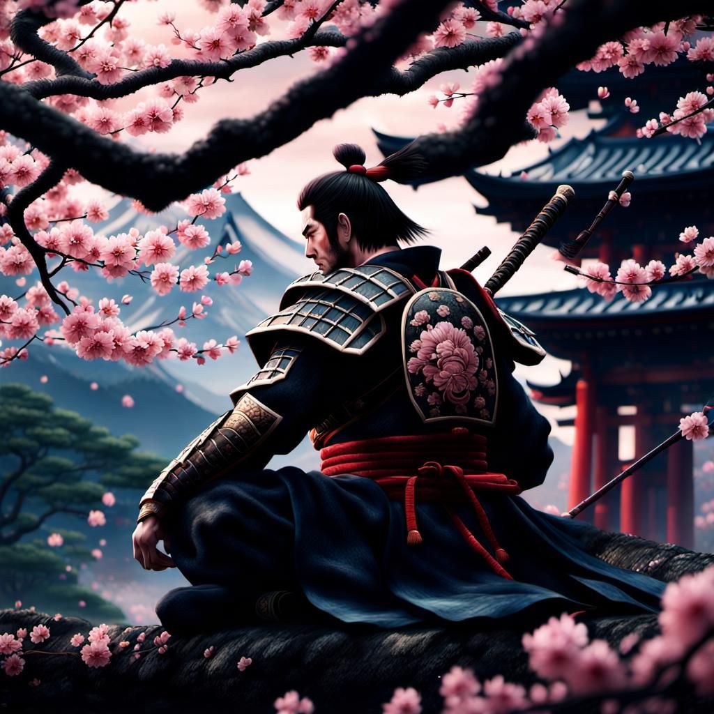Japanese Warrior Amidst Sakura Trees: Digital Matte Painting