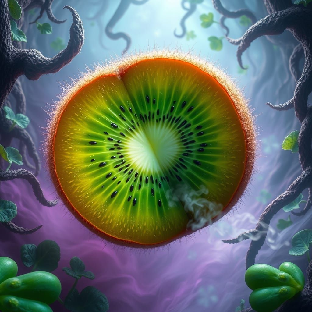 Ethereal Kiwi Portal in Surreal Landscape