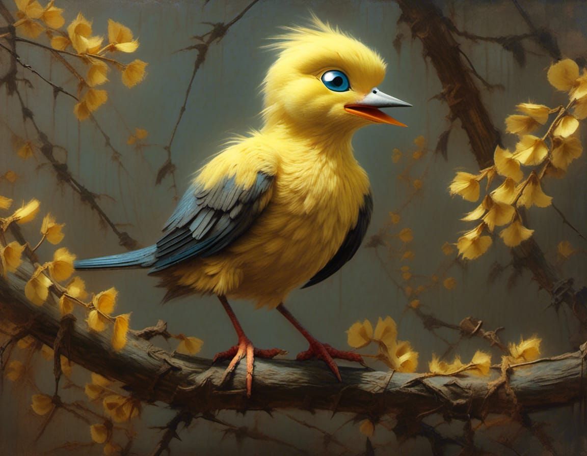 Tweety Bird Impasto Oil Painting on a Branch