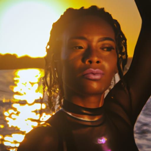 Stunning Black Woman Walks From Sea at Golden Sunset