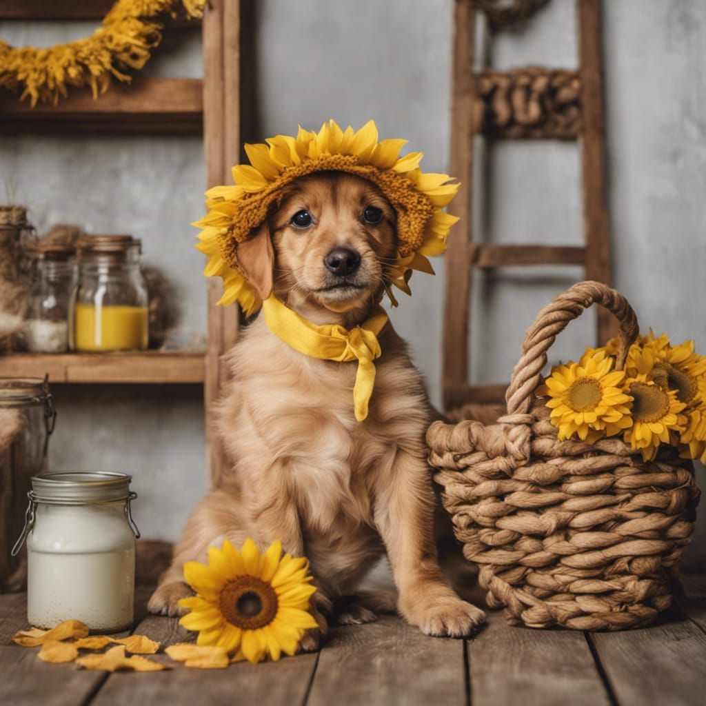 Baby with Sunflower Bonnet, Oil Painting
