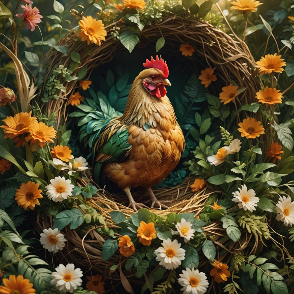 Fluffy Chicken in Exotic Nest: Art Nouveau Matte Painting