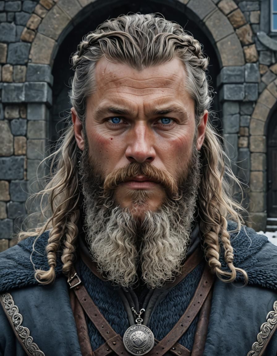 Viking King Portrait in Winter Castle, Ultrarealistic Image