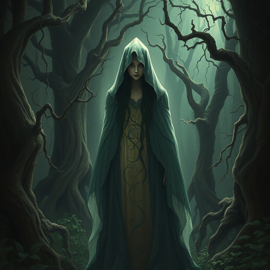 Mystical Woman in Ancient Forest, Surrealist Digital Art