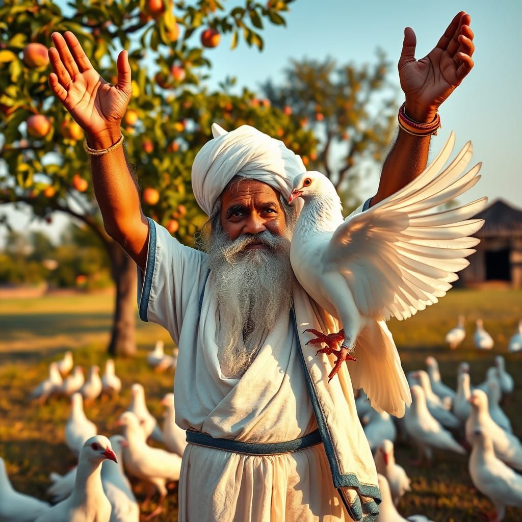 Indian Farmer with Pigeon in Orchard, Cinematic Realism