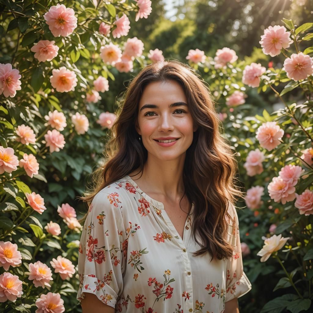 Woman in a Vibrant Garden, Captured in Soft Focus
