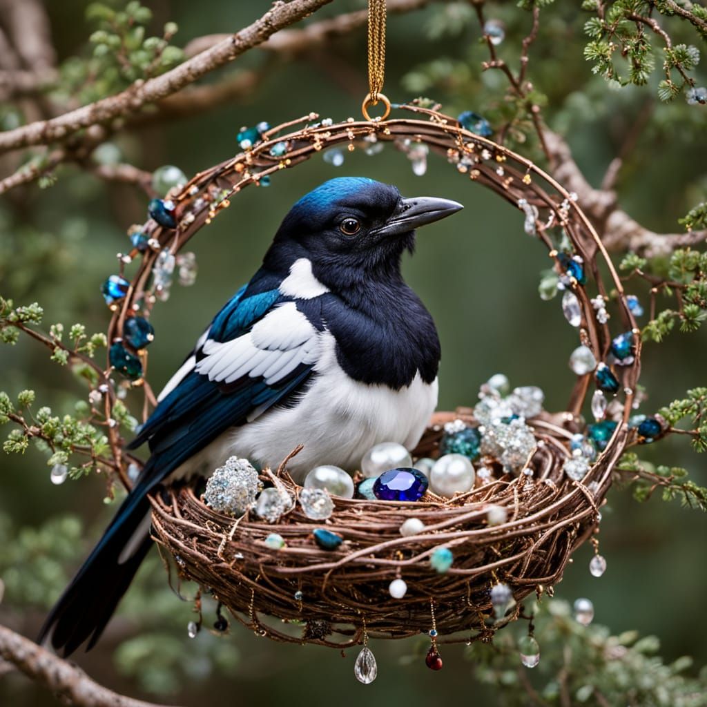 Magpie in Her Treasure Trove Nest