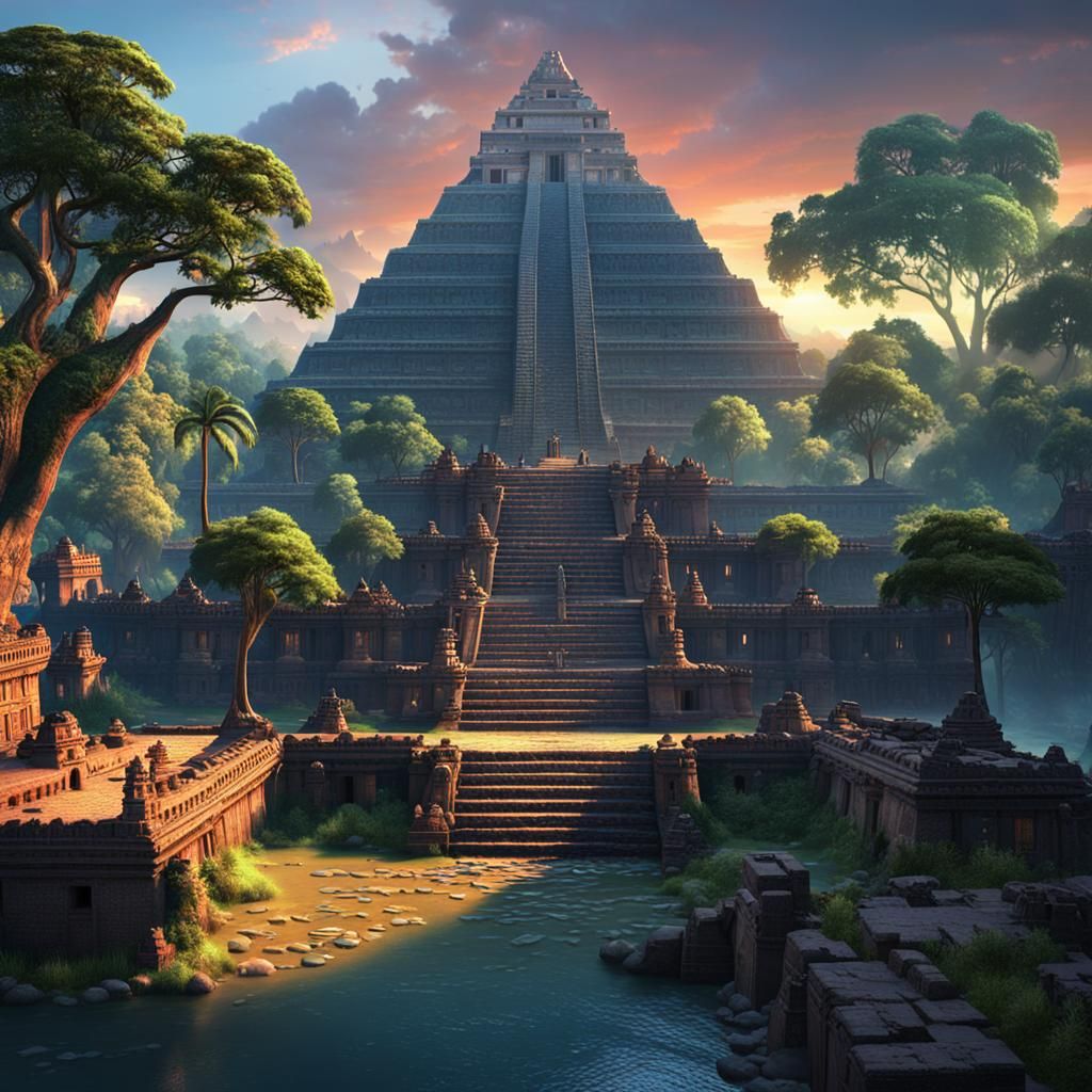 Aztec City Landscape at Sunset in Detailed Matte Painting