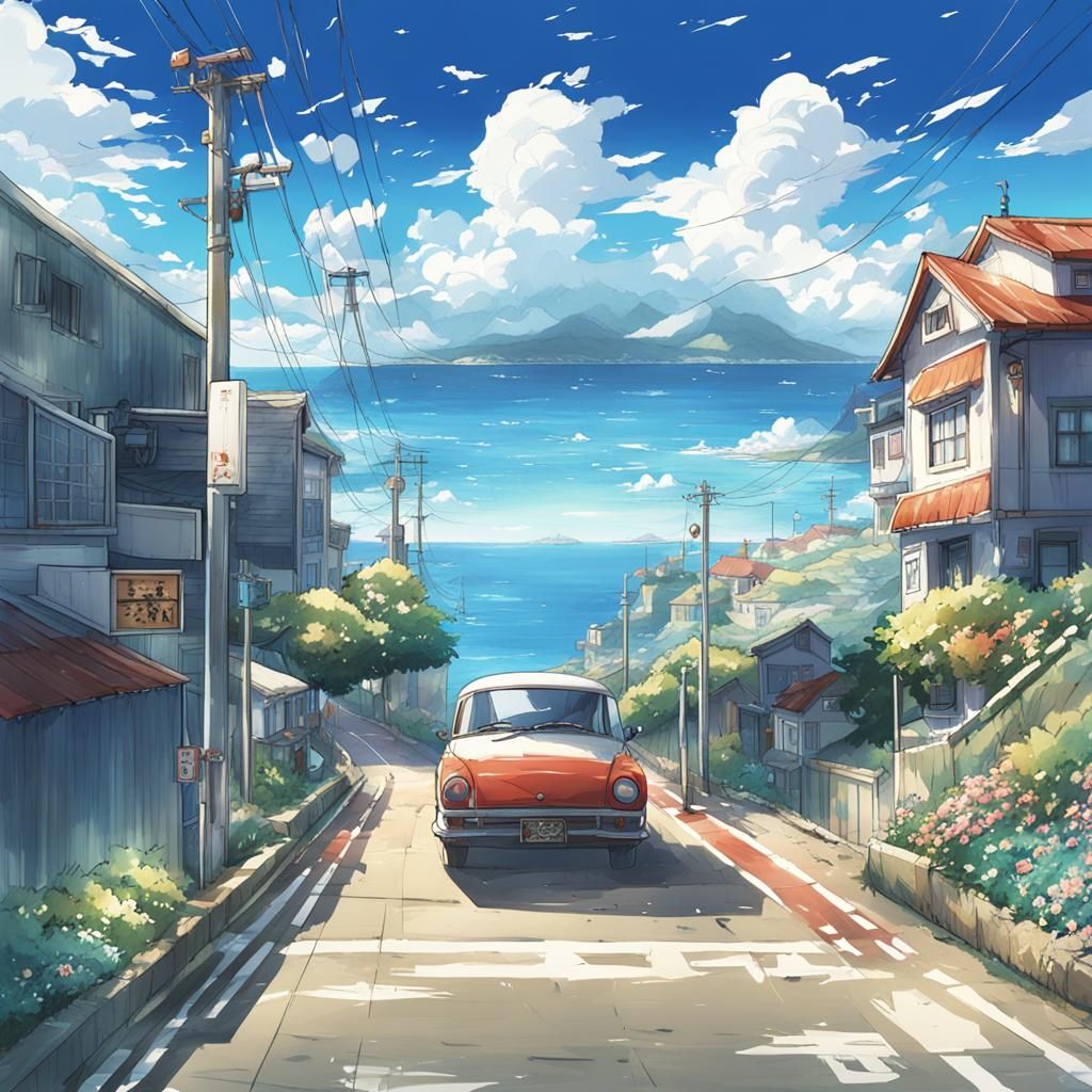 Coastal Road in Anime Key Visual Style