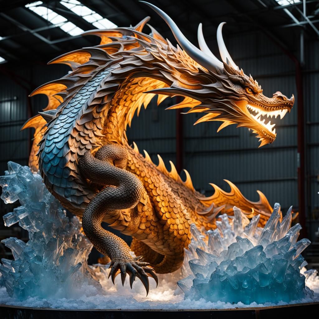 Intricate Ice Dragon Sculpture Being Carved